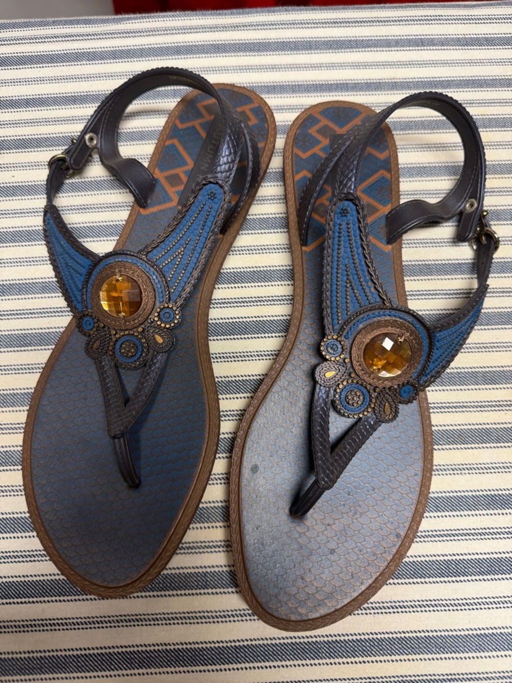 Autumn Run Blue T-Strap Sandals with Amber Gem Accent 10